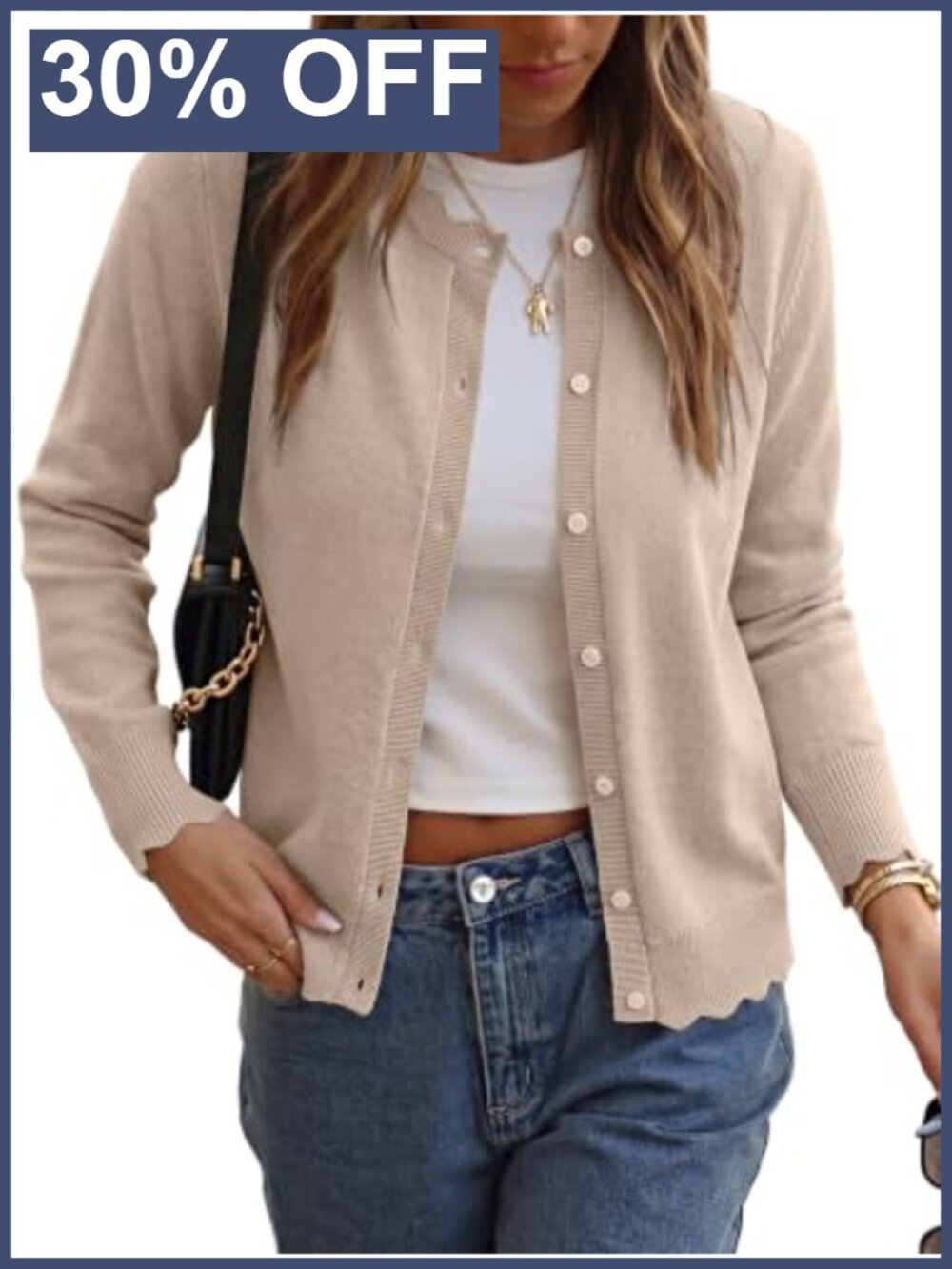 Women's Lightweight Button Down Cardigan Ribbed Scalloped Trim Crew Neck Long